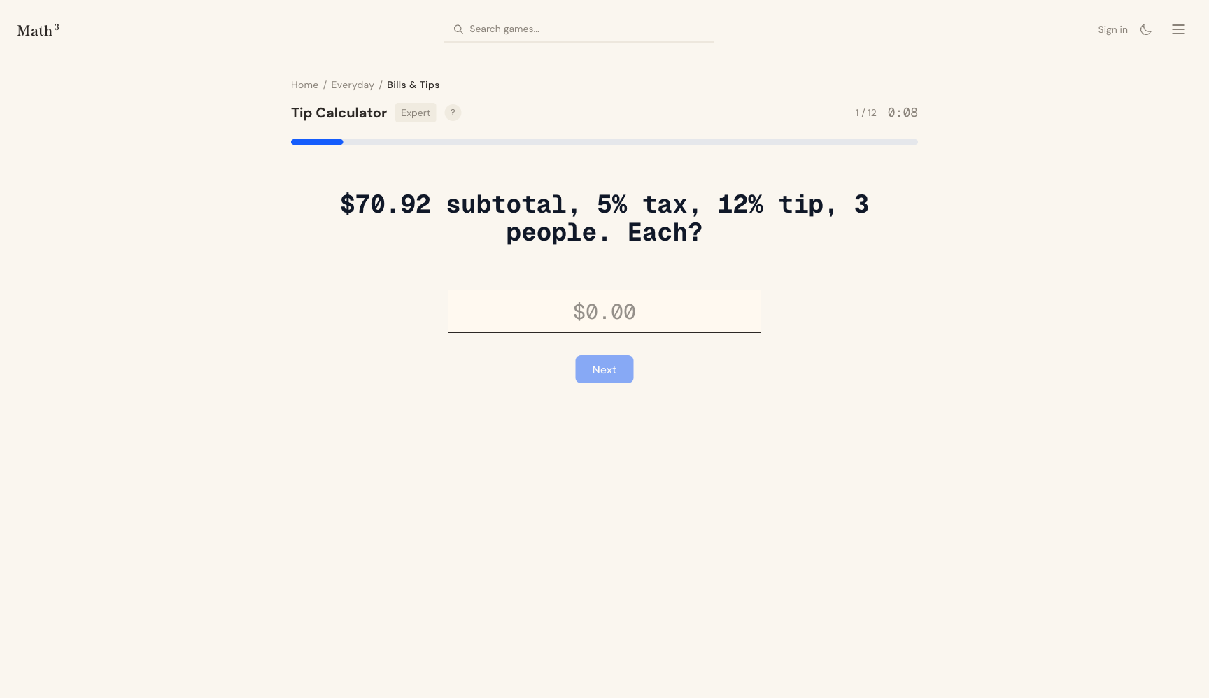 Math Math Math tip calculator game in Expert mode