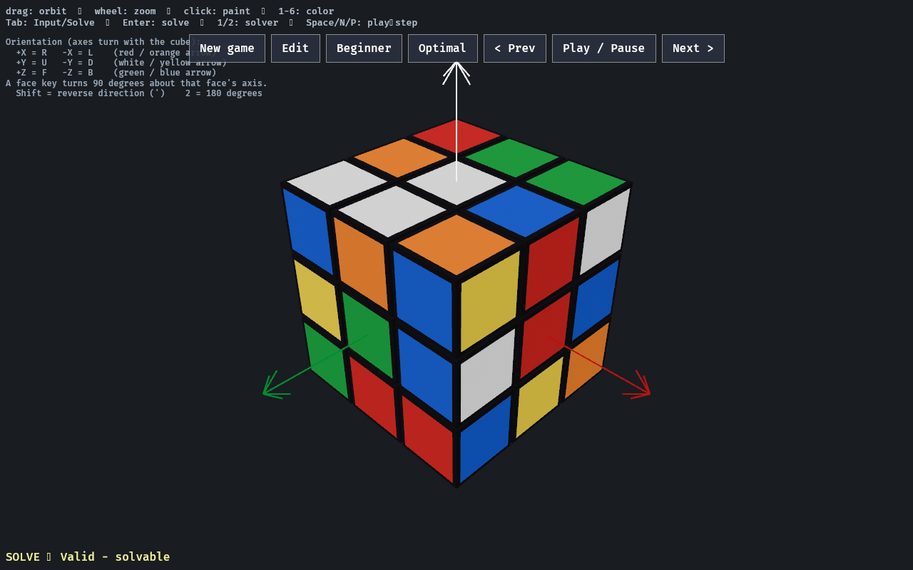 Rubik's Cube solver showing a colorful scrambled 3×3 cube ready to solve